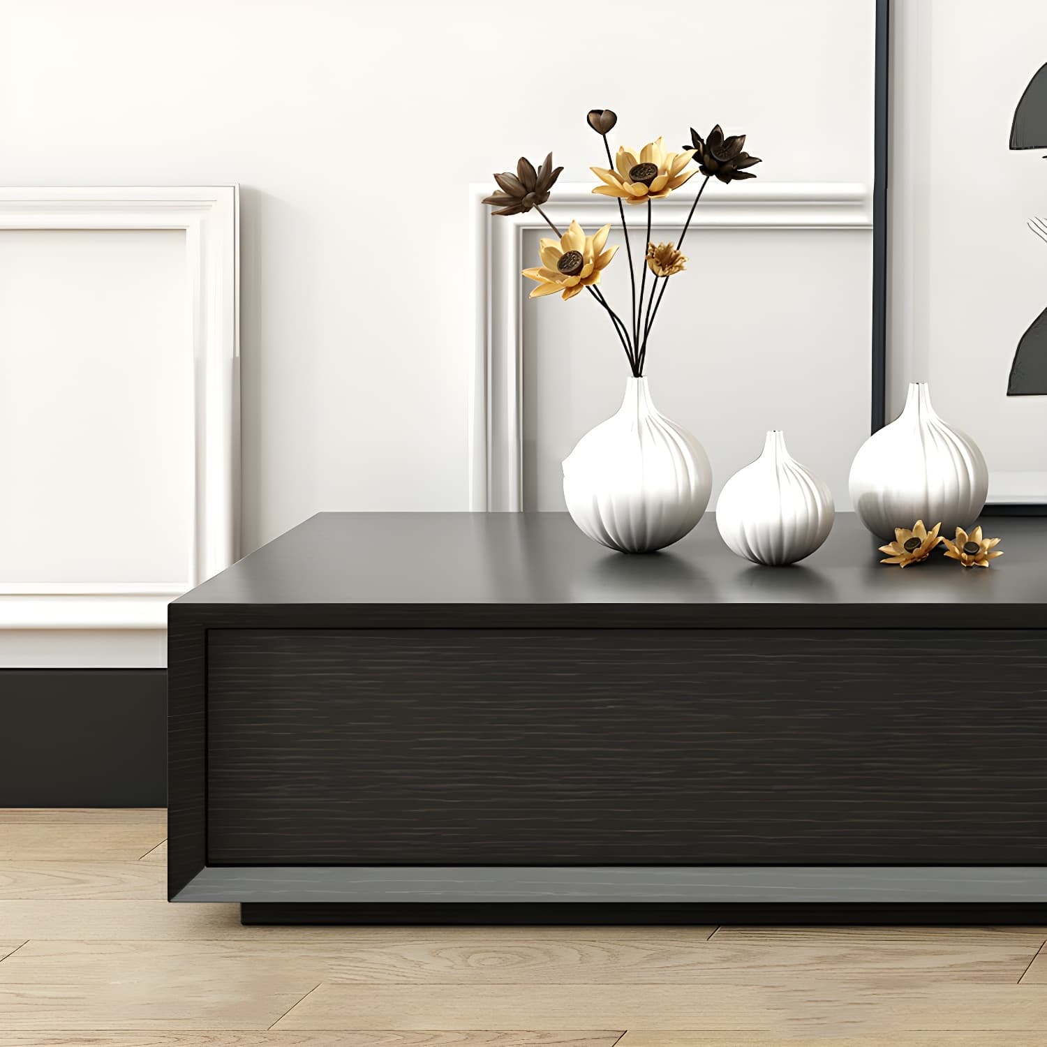 Modern Minimalist Black Finish TV Stand Console with Storage Drawers thumbnail 6