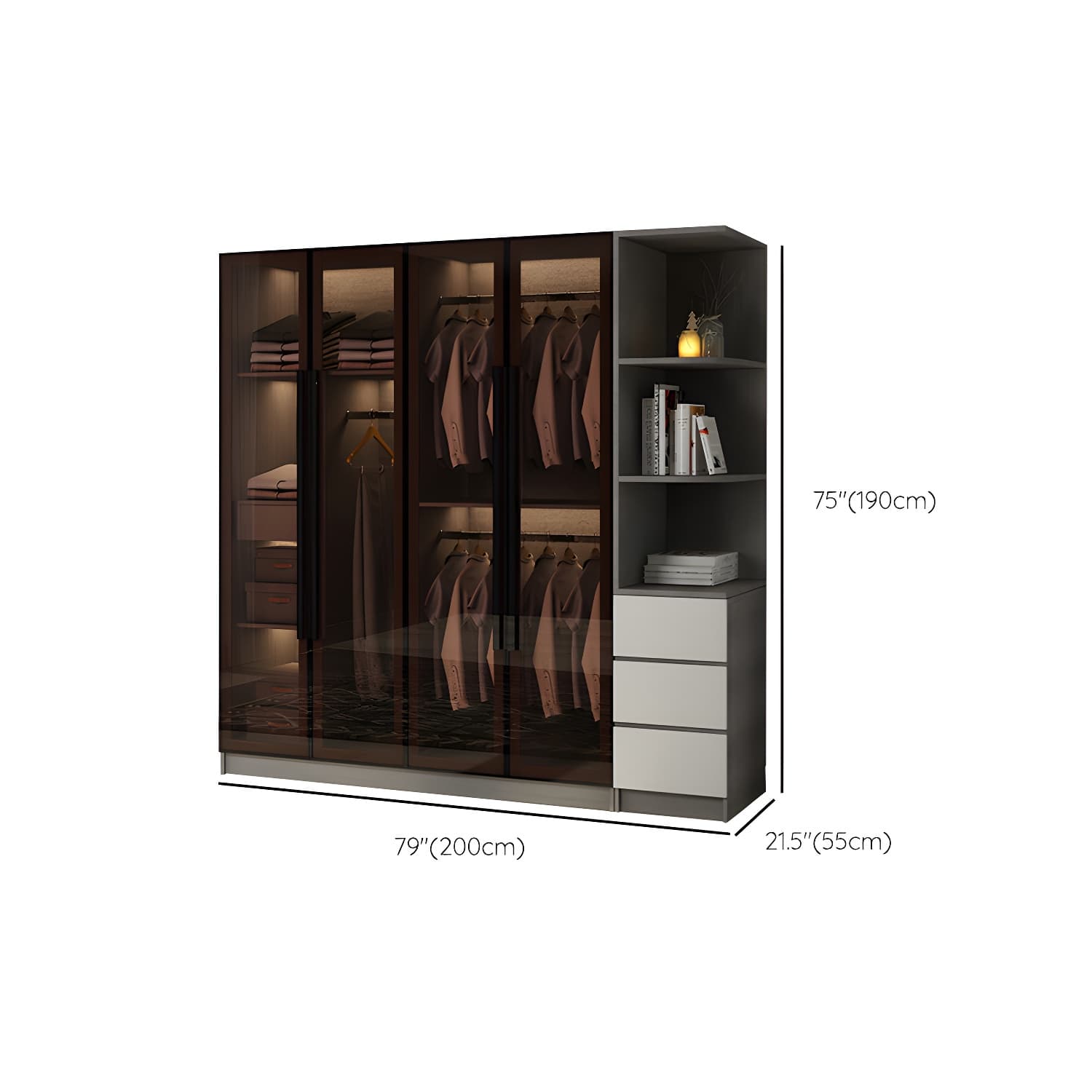 Modern Glass Hinged Doors Wardrobe Armoire Wood Frame Wardrobe with Shelves without Light thumbnail 20