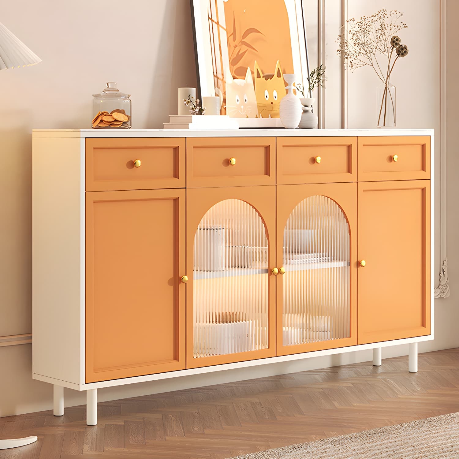Wooden Buffet Server with Stone Countertop, Glass Doors, and Drawers thumbnail 6
