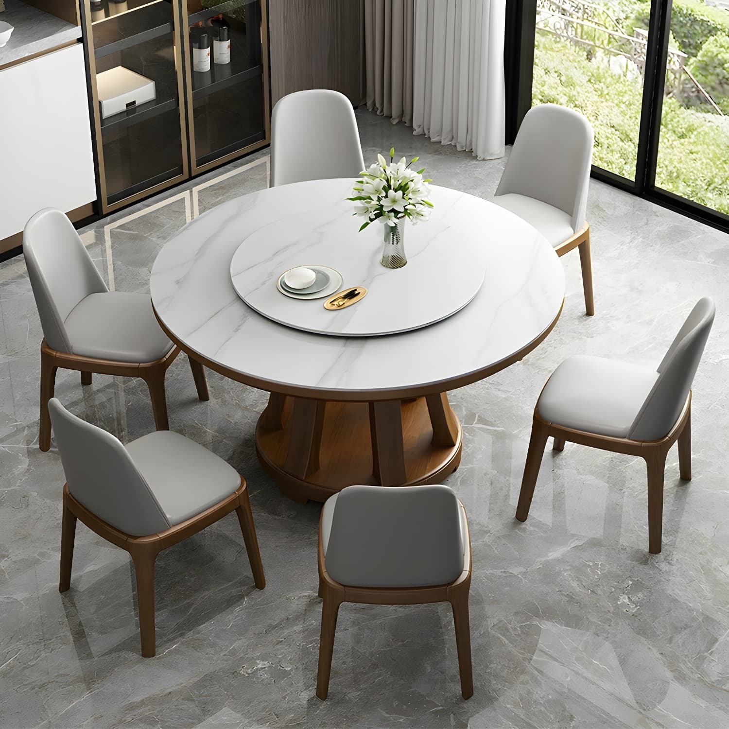 Modern Wood Dining Table Set with White Table top and Solid Wood Brown Base thumbnail 3