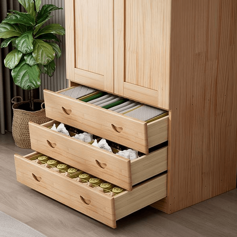 Natural Finish Minimalist Pine Wood Cabinet Armoire with 3-Drawer, Interior Shelves, and Clothing Rod thumbnail 4