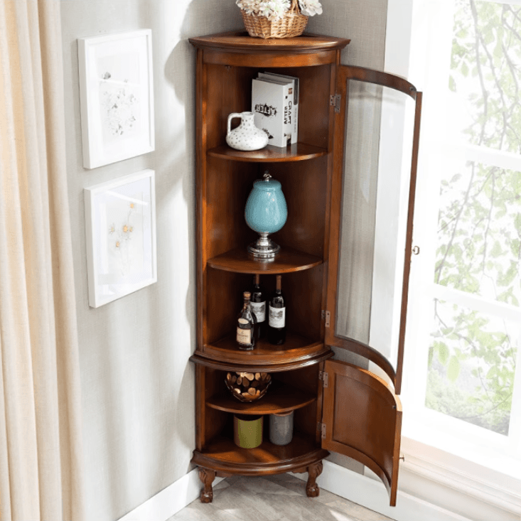Traditional Medium Brown Corner Accent Cabinet with Wood Countertop and Exterior Shelving thumbnail 2