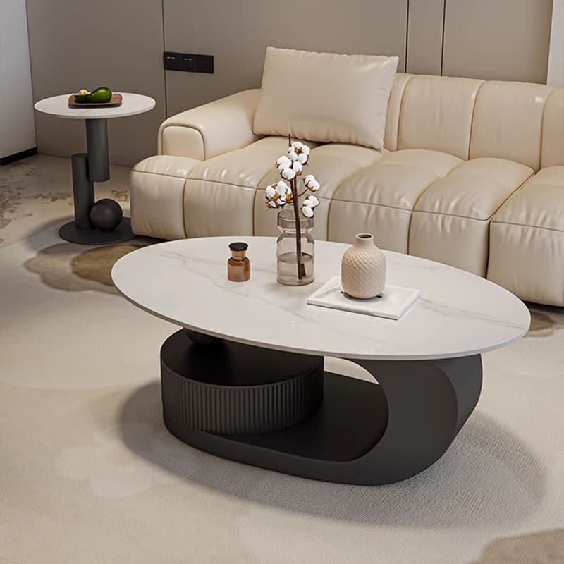 Modern Oval Stone Top Coffee Table, Abstract Iron Base, Scratch Resistant thumbnail 14