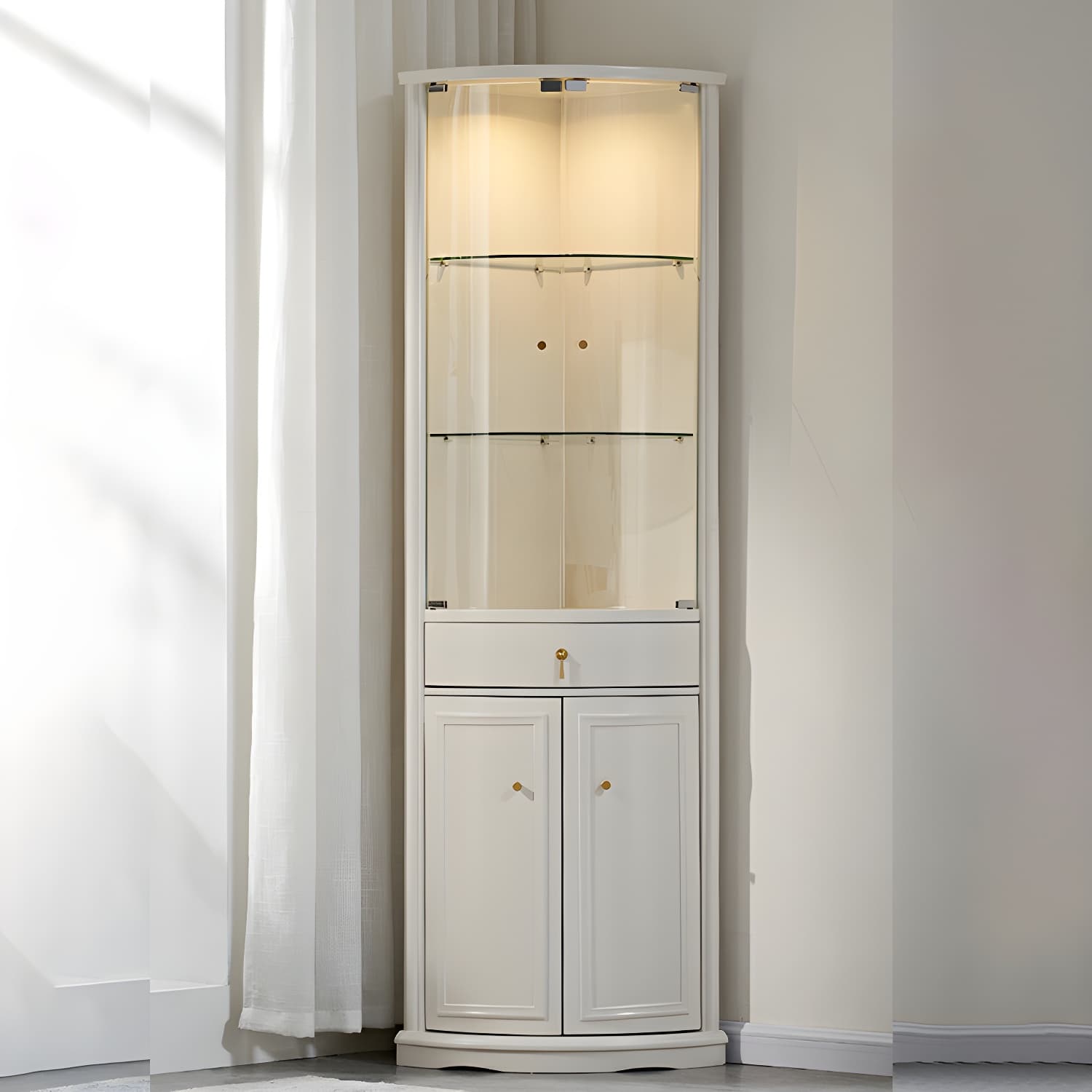 Corner Mid-Century Modern Accent Cabinet with Wood Countertop, Glass Doors, and Drawers Included thumbnail 7