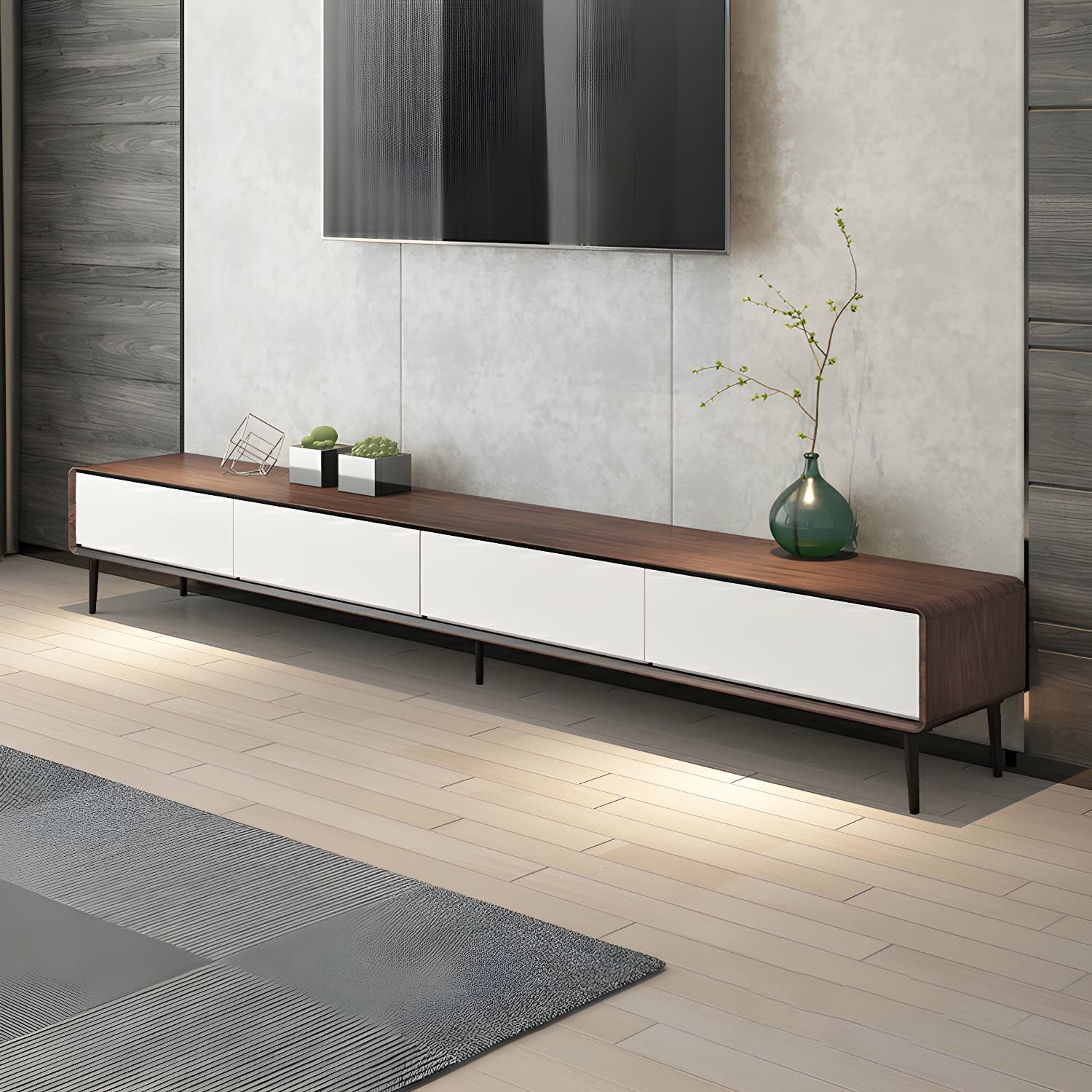 Modern Wooden Long and Low TV Stand with 4 Drawers, No Assembly Required, Dark Tone thumbnail 9