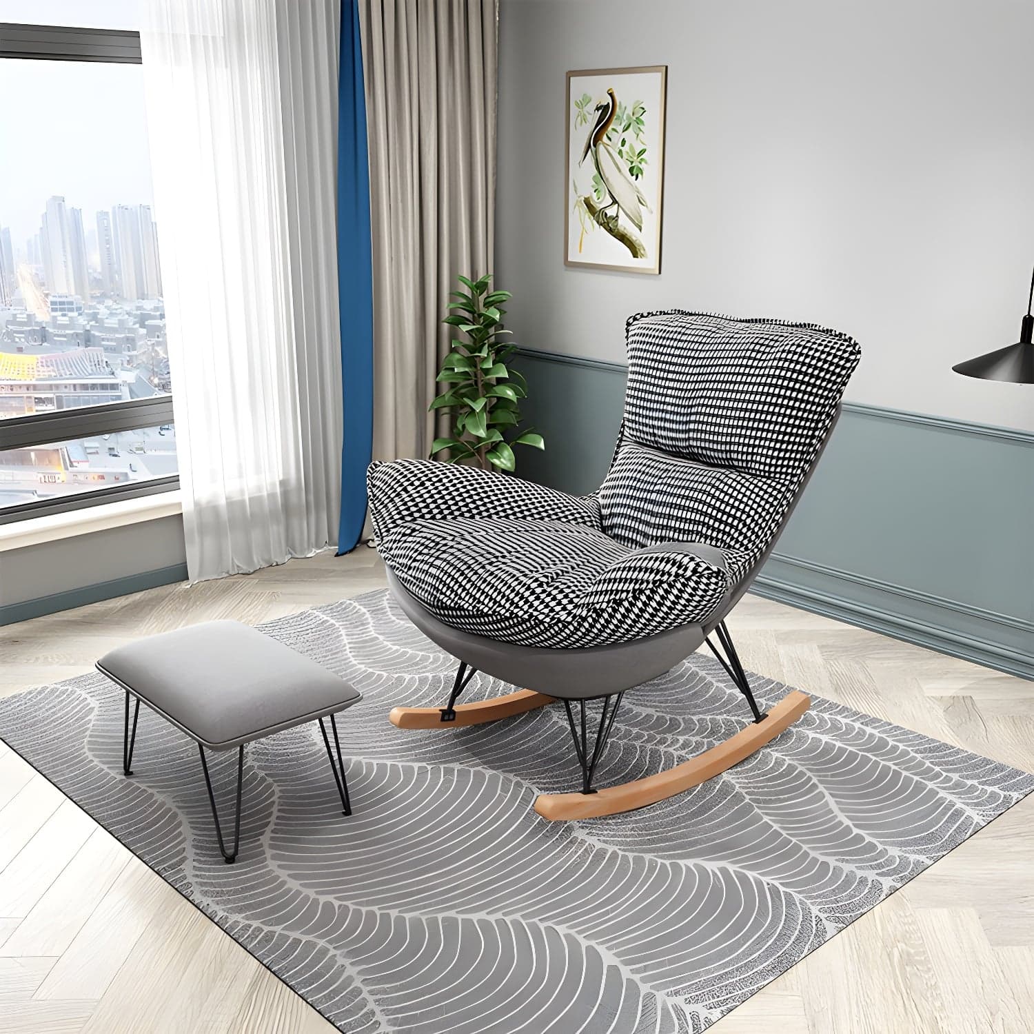Modern Glider Chair Pure Color Metal Dark Legs Rocking Chair with Ottoman thumbnail 2