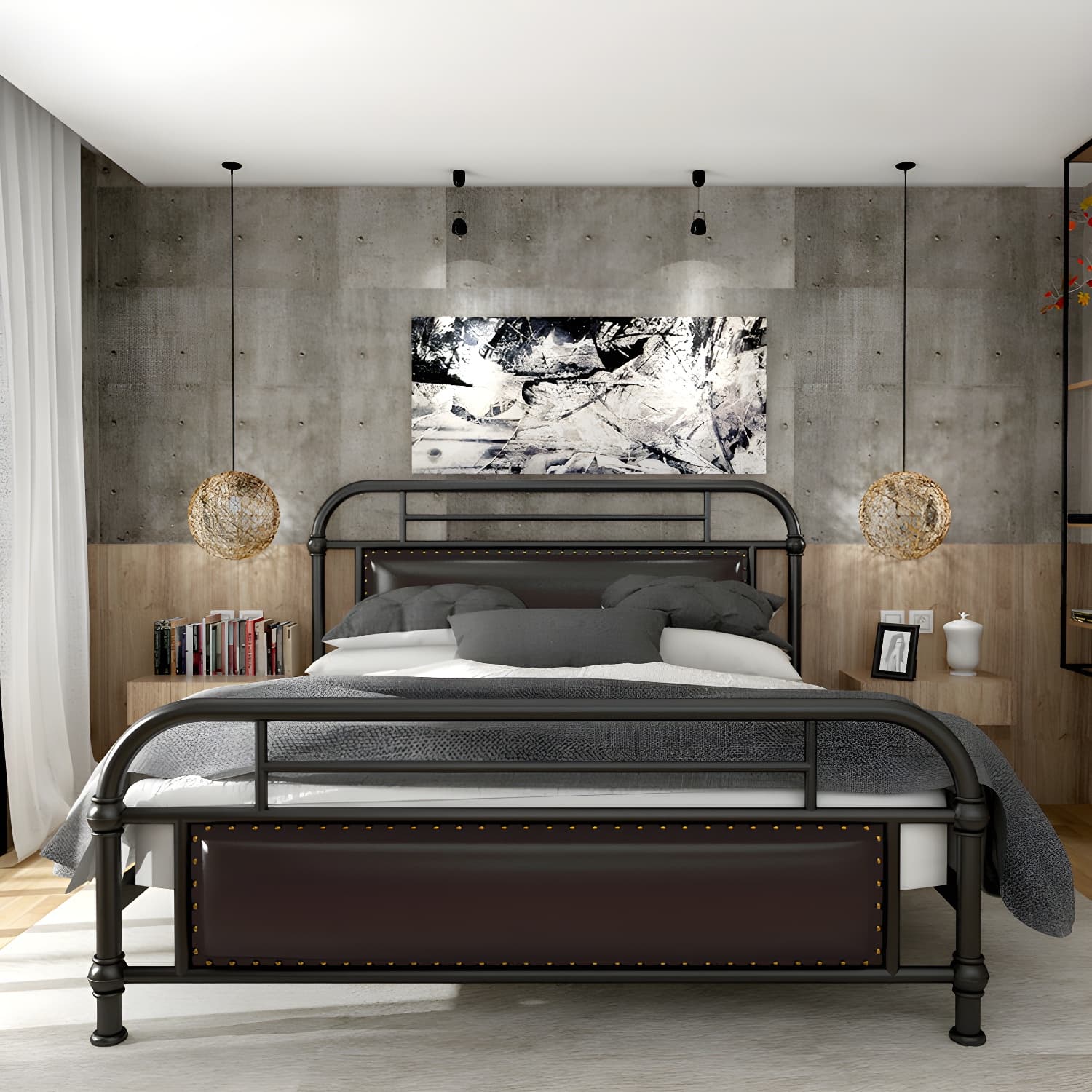 Industrial Nailhead Upholstered Bed Frame Metal 43.3" Tall Bed thumbnail 4
