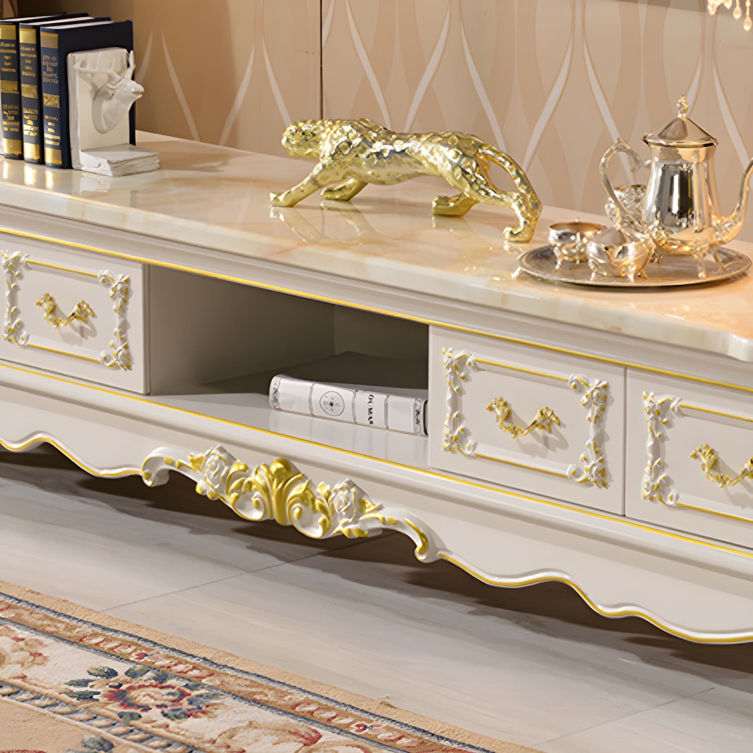 Traditional Marble Top TV Cabinet Solid Wood Crafted TV Stand for Living Room thumbnail 9