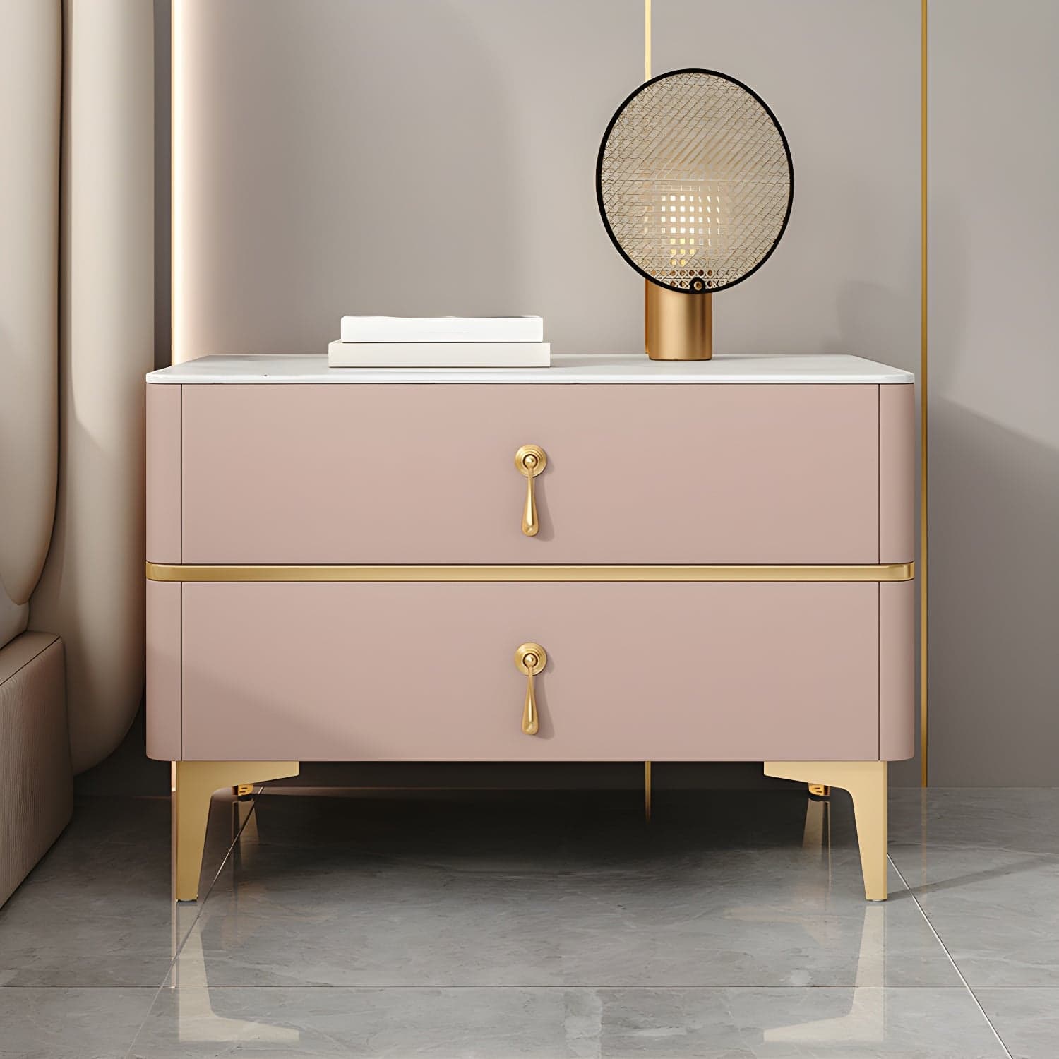 Glam Style Sintered Stone Top 2- Drawer Nightstand with Legs for Bedroom thumbnail 9