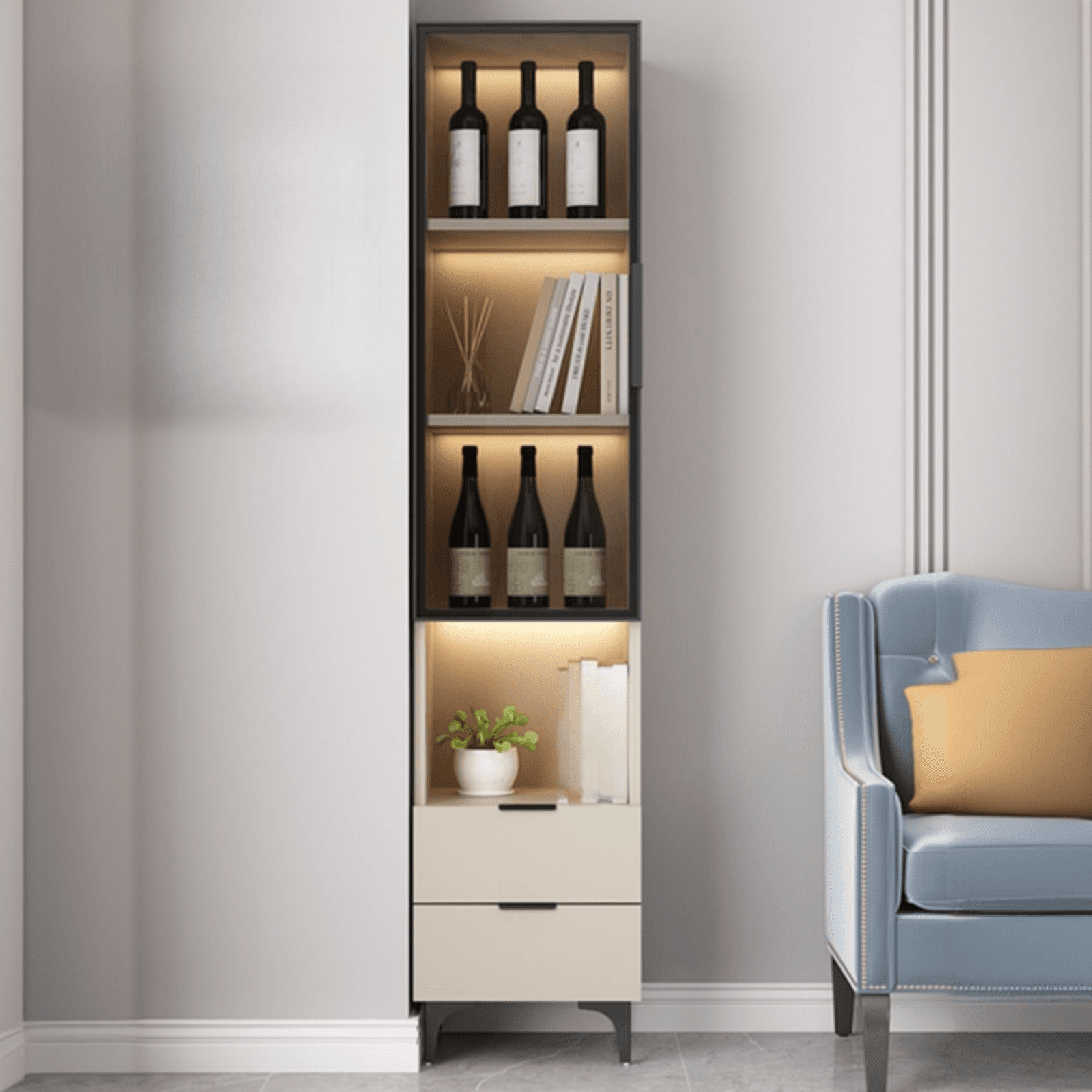 Rectangle Utility Cabinet with Locker, Glass Door, Pull Bars, White/Espresso/Off White Top, Soft Close Drawer, and Light thumbnail 5