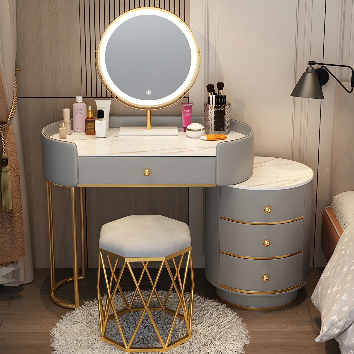 Modern Bedroom Metallic Lighted Mirror With Drawer Makeup Vanity Set thumbnail 7