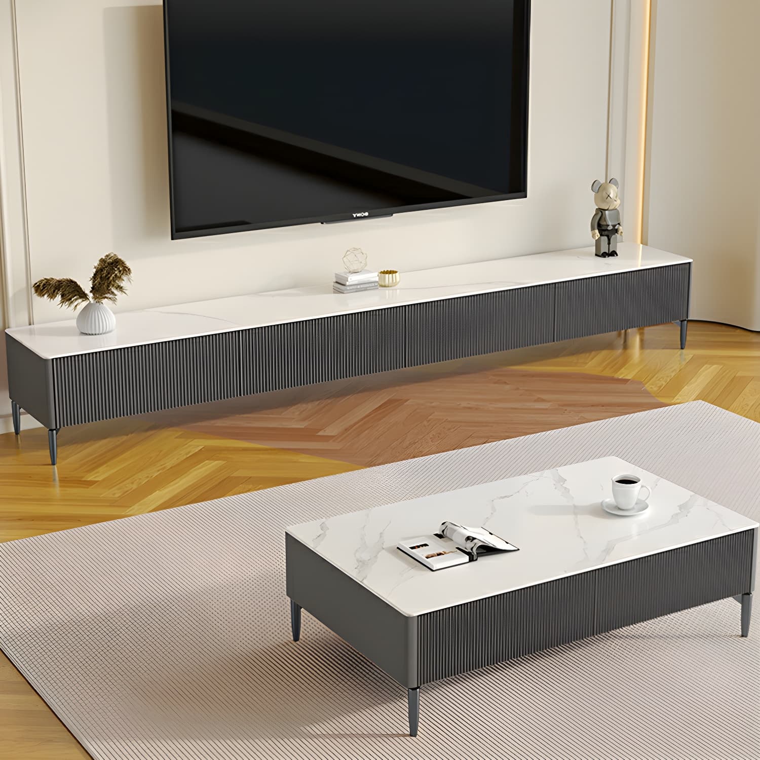 Modern Stone TV Stand with Drawers and Soft Close Glides featuring Cable Management thumbnail 5