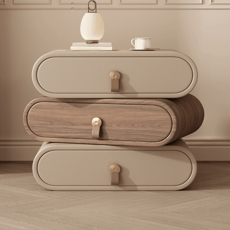Art Deco Drawer Storage Nightstand with 3 Drawers and Natural Wood/Pleather Countertop thumbnail 4