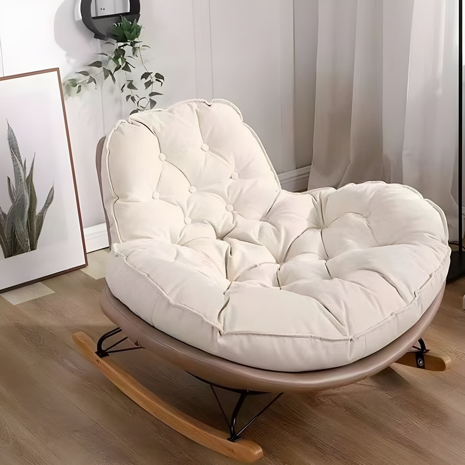 Modern Rocking Chair with Metal Frame and lint Upholstered, Solid Wood Legs and Armless Design - image 7