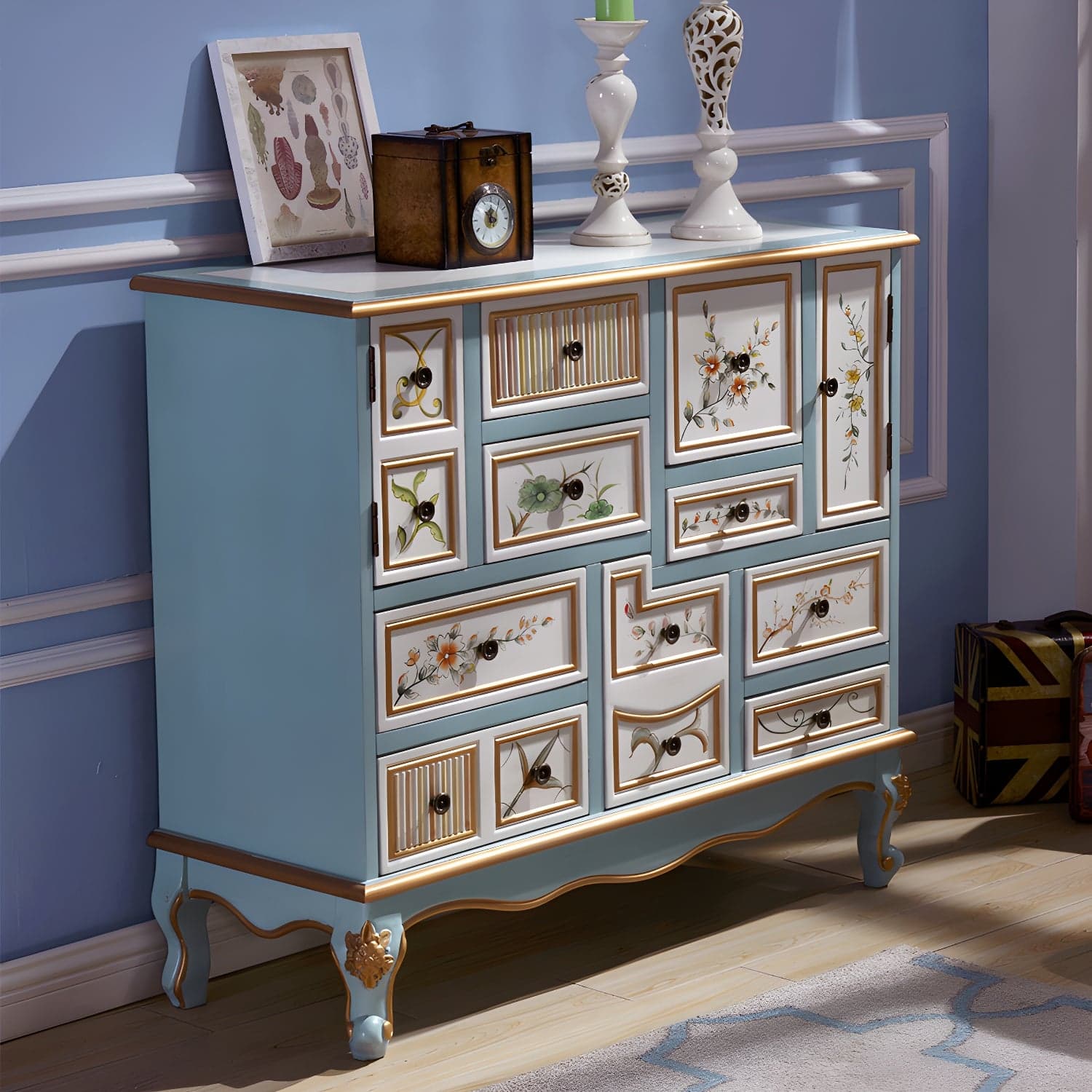 Industrial Painted Accent Cabinet with Drawers Solid Wood Chest thumbnail 13