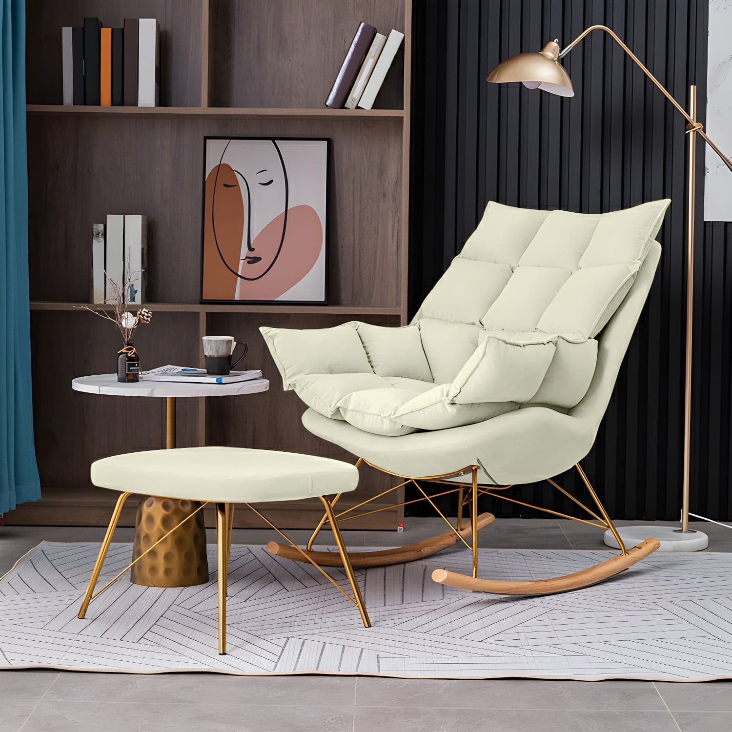 Rocking Accent Chair Upholstered Contemporary Living Room Spindle Tufted Cushions thumbnail 1