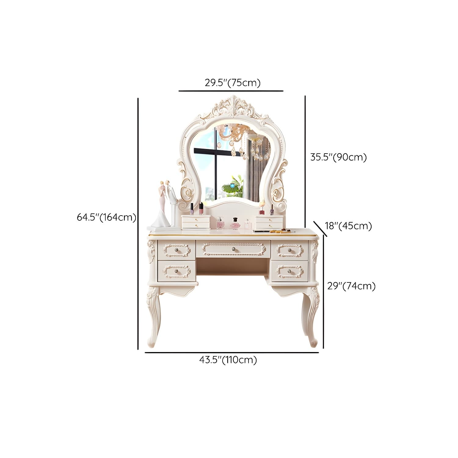 White Victorian Wood Vanity Dressing Table with Drawers Mirrored Makeup Vanity thumbnail 12