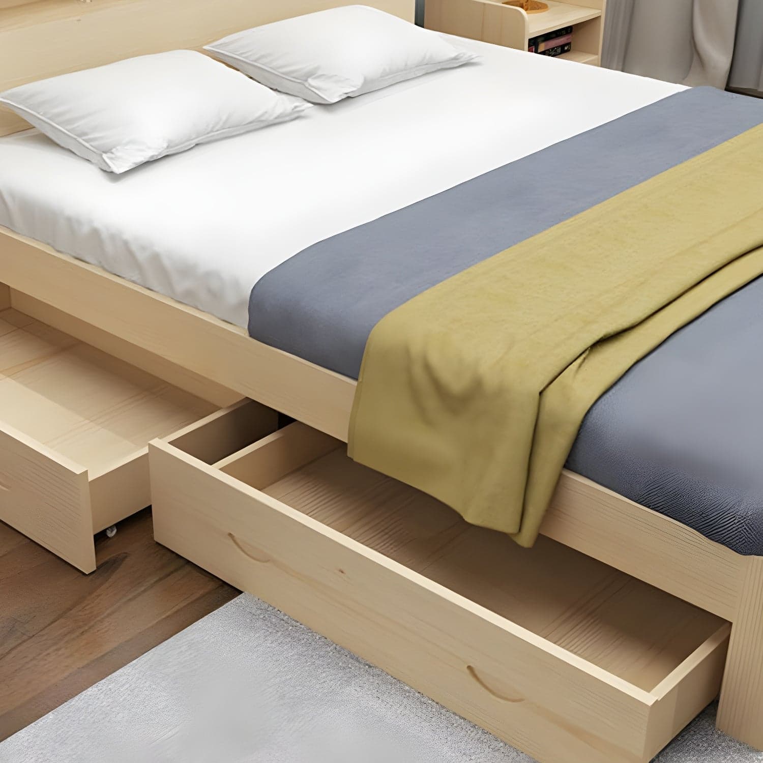 Nordic Solid Wood Bookcase Included Bed Frame Upholstered 2-Drawer Bed Frame thumbnail 4