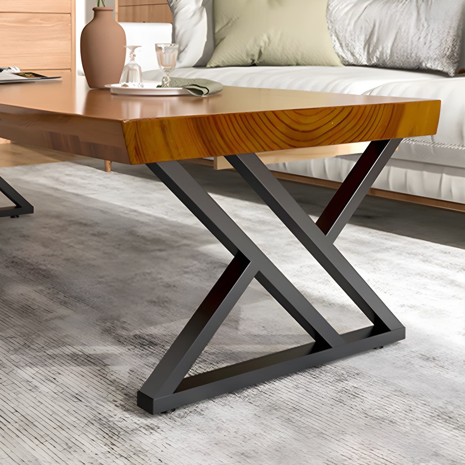 Scandinavian Rectangle Solid Wood Coffee Table Metal Sled Cocktail Table thumbnail 4