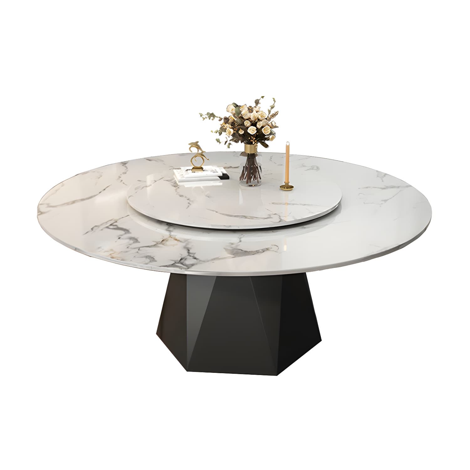 Round White Marble Modern Dining Table with Black Steel Pedestal Base and Convenient Lazy Susan thumbnail 5