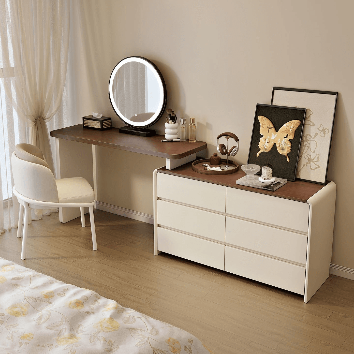 Large Vanity Set with White Seating, 6 Drawers, Mirror Lights, Seat, Lighting, and Scalable Telescopic Design thumbnail 3