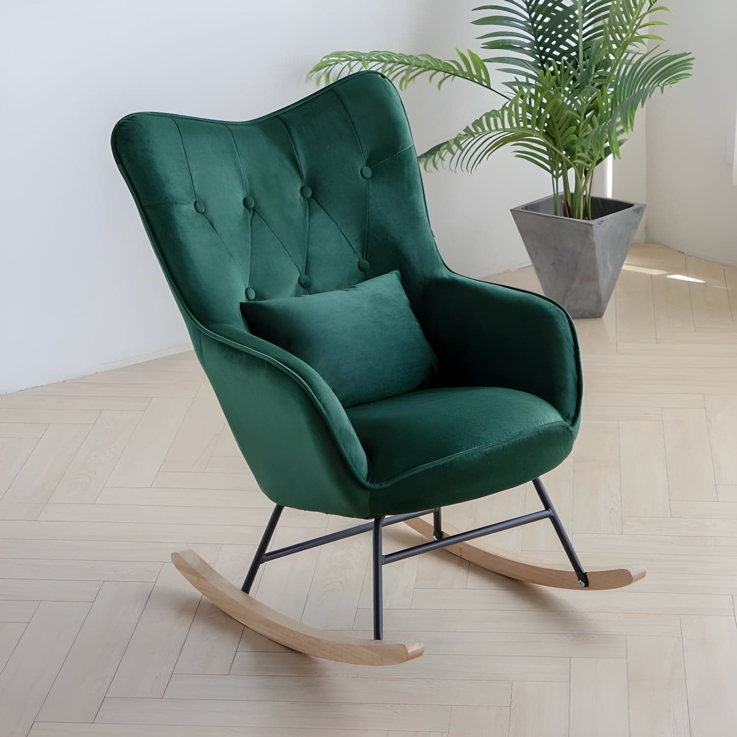 Scandinavian Rocking Chair with Wing Back and Wood Legs, Pillow Included thumbnail 1