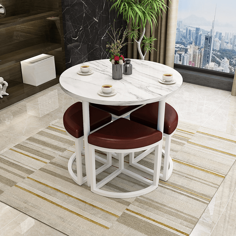 Reclaimed Wood Round Dining Table Set with Metal Toboggan Base and Upholstered Backless Chairs for 4 People thumbnail 24