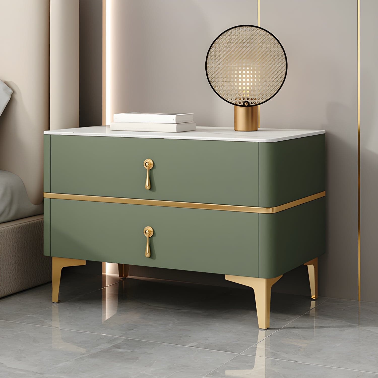 Glam Style Sintered Stone Top 2- Drawer Nightstand with Legs for Bedroom thumbnail 3