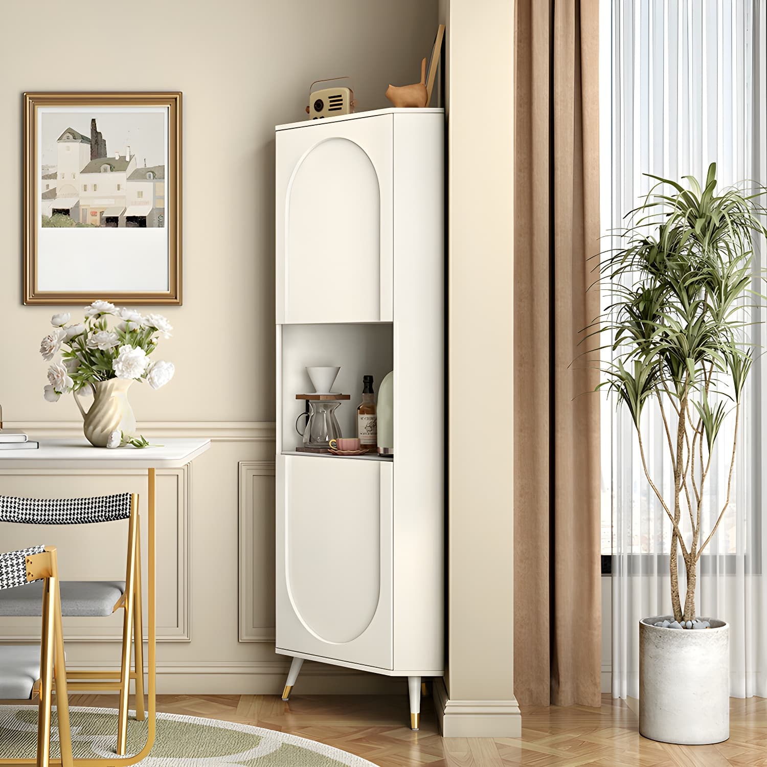 Modern White Corner Accent Cabinet with Stone Counter Top, 2 Cabinets, and 6 Shelves thumbnail 12