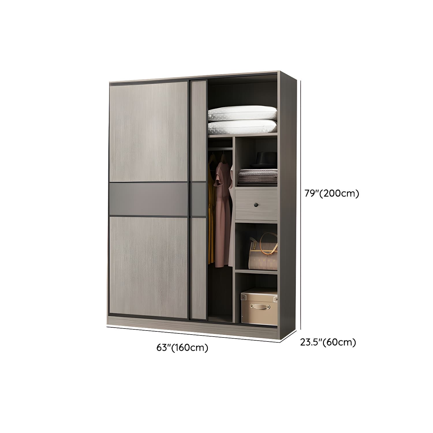 Contemporary Plate Storage Wood Wardrobe with Clothing Rod and Shelves in Light Grey thumbnail 27