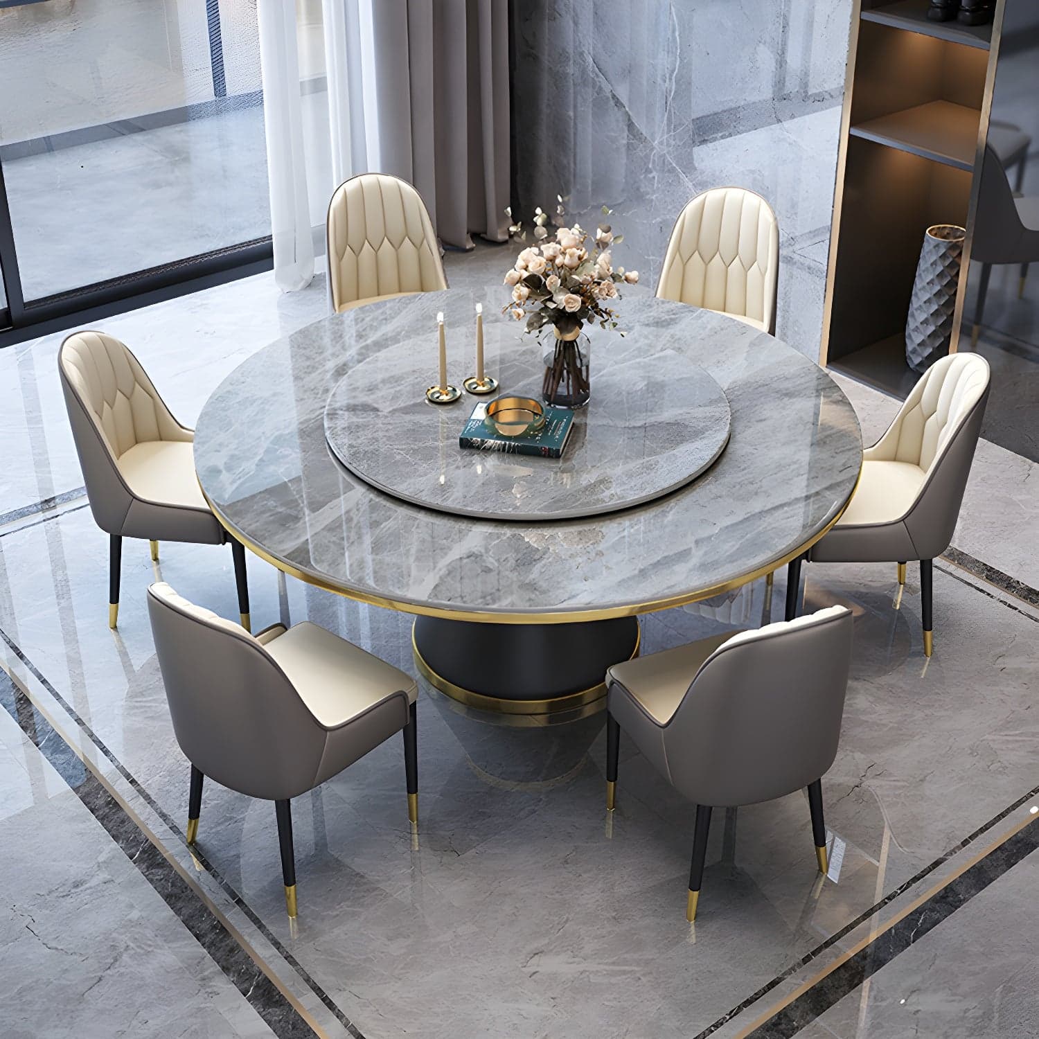 Glam Round Stone Dining Set in White - Fixed Table with Black Metal Pedestal Base thumbnail 1