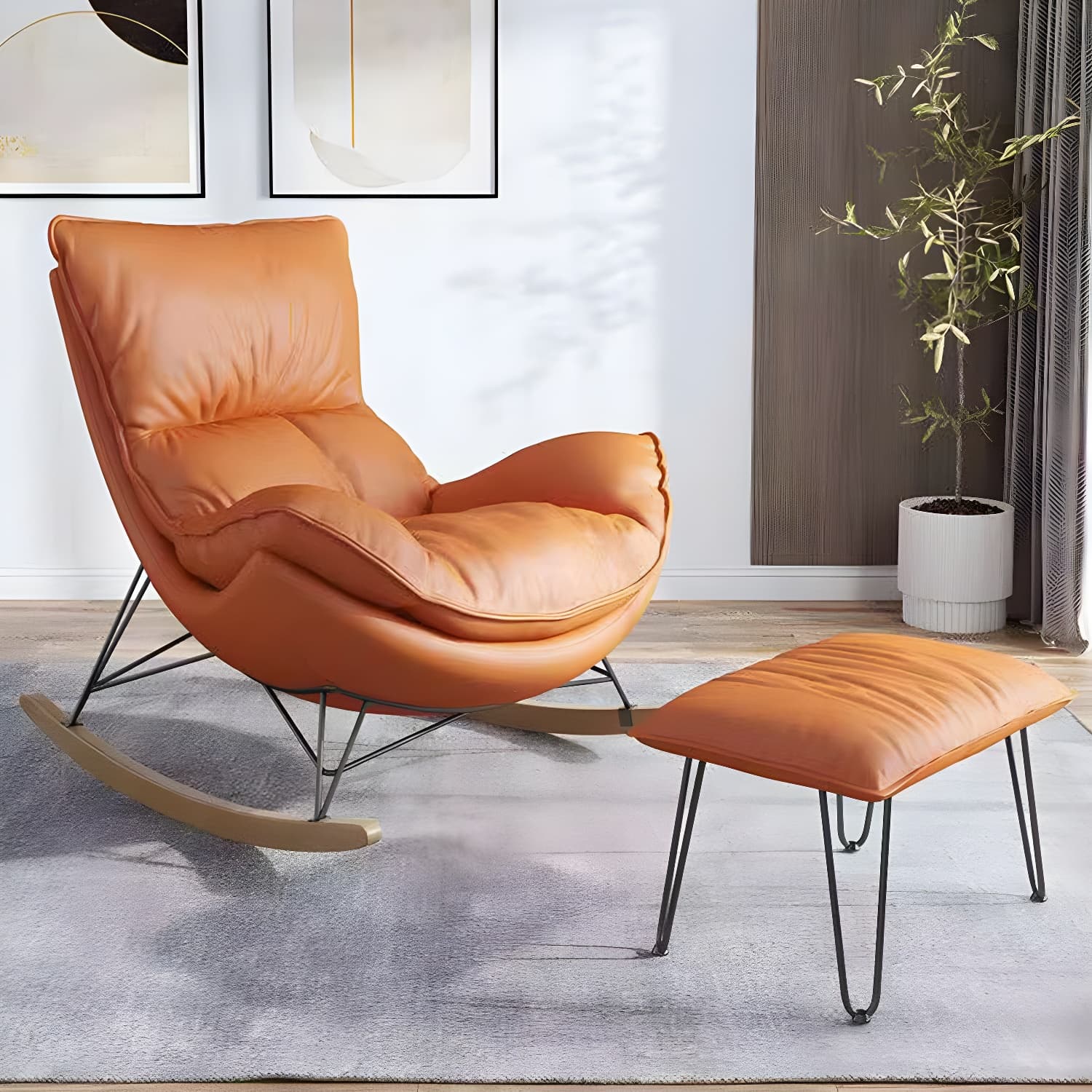 Simple Faux Leather Rocker Chair Plain Rocking Chair with Removable Cushions thumbnail 7