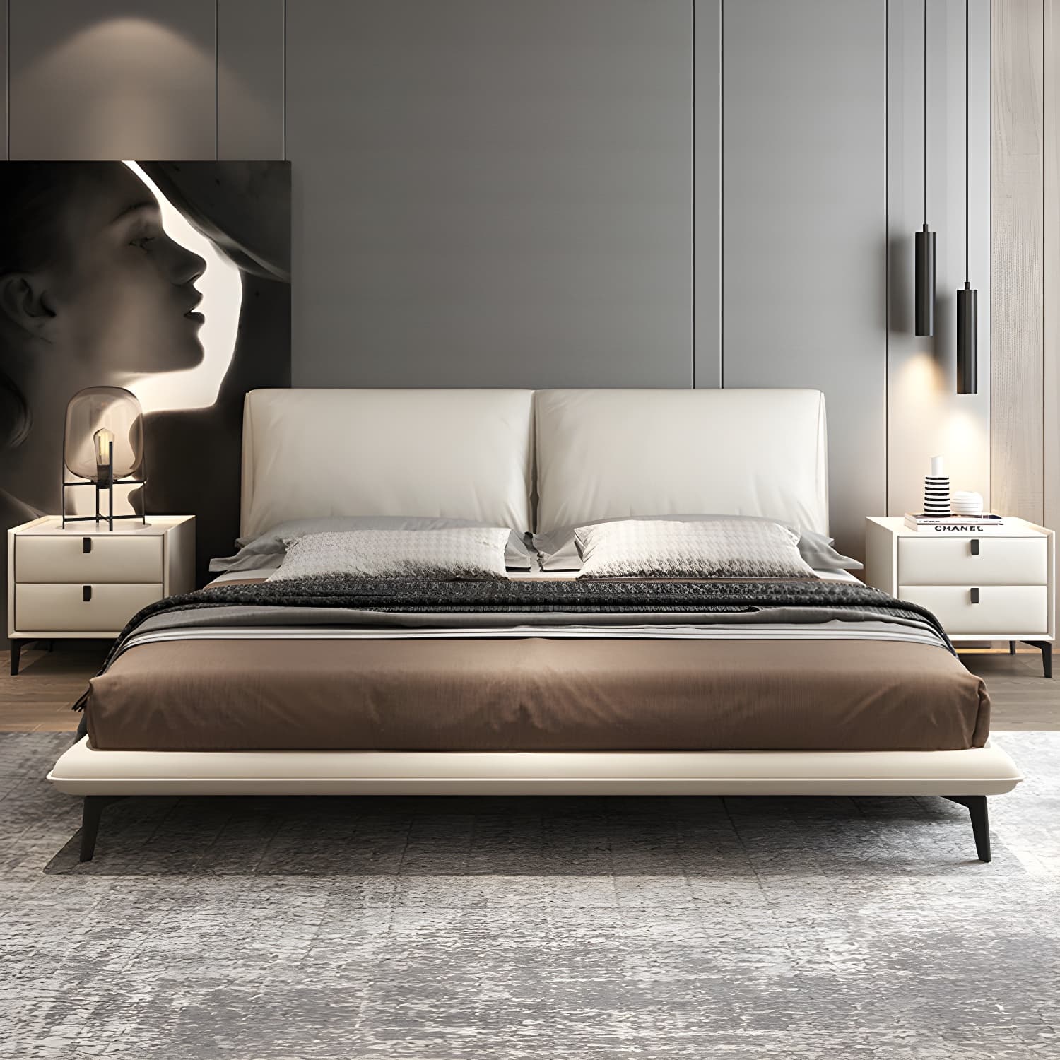 Modern Low Profile Panel Bed Genuine Leather Upholstered Bed Frame thumbnail 3
