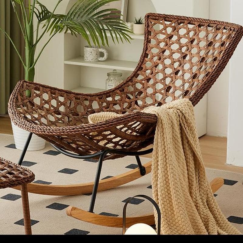 Traditional Armless Design Indoor Rocking Chair with rattan Frame and Nature Wood Legs thumbnail 1