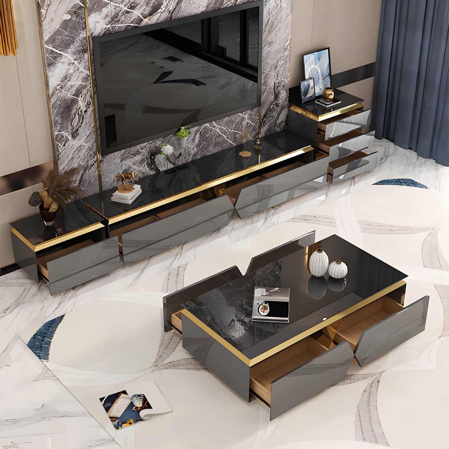 16" W Glam TV Media Stand Enclosed Storage Glass TV Media Console with Drawers thumbnail 5