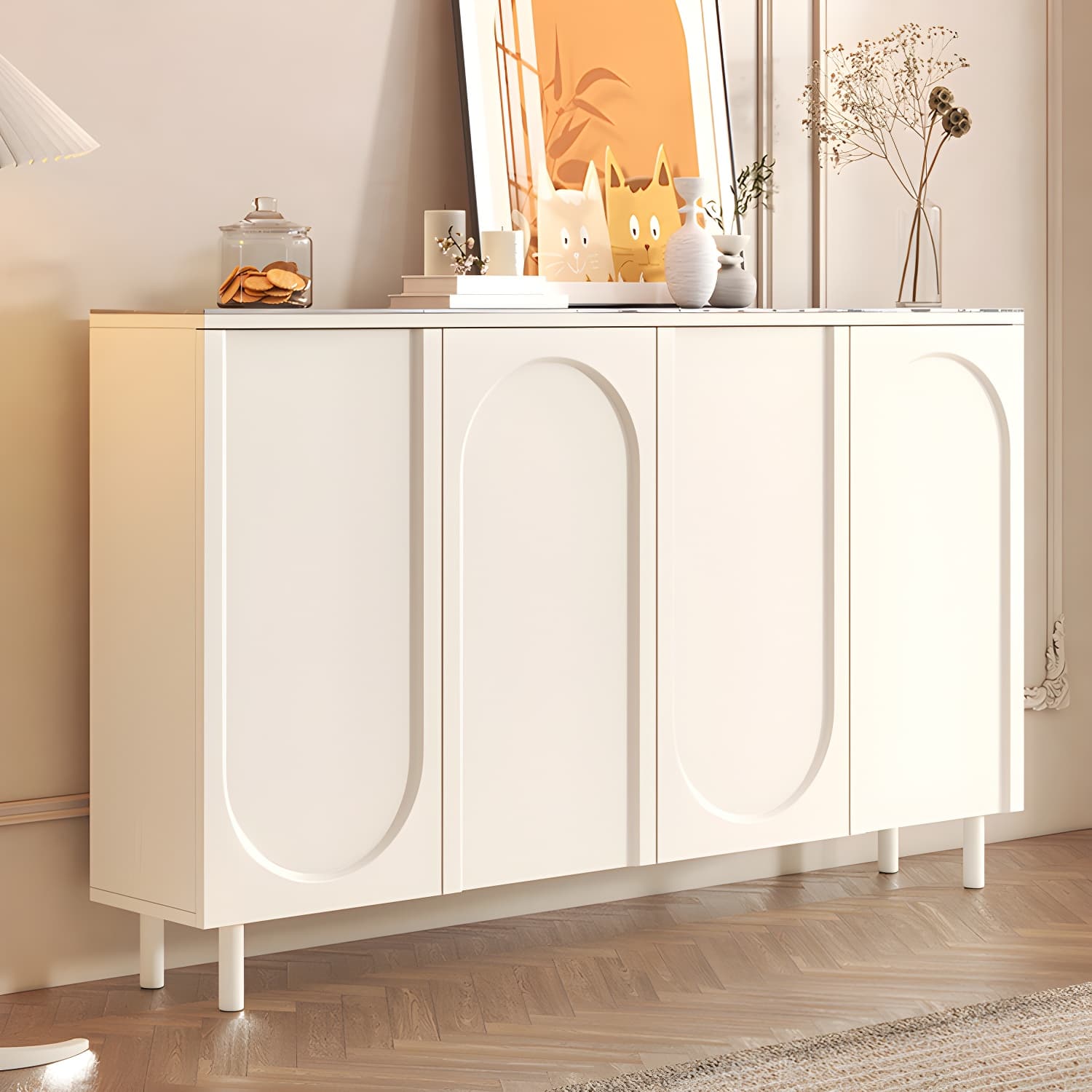 Scandinavian Wood Buffet Sideboard with Stone Countertop and Adjustable Shelves thumbnail 4