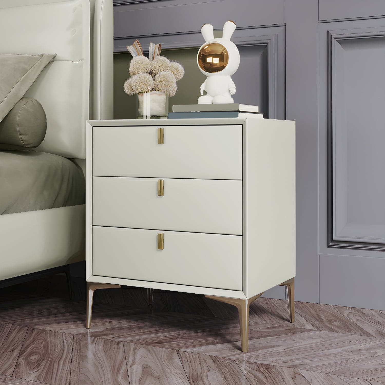 Glam Style Solid Wood 3-Drawer Nightstand with Legs for Bedroom thumbnail 9