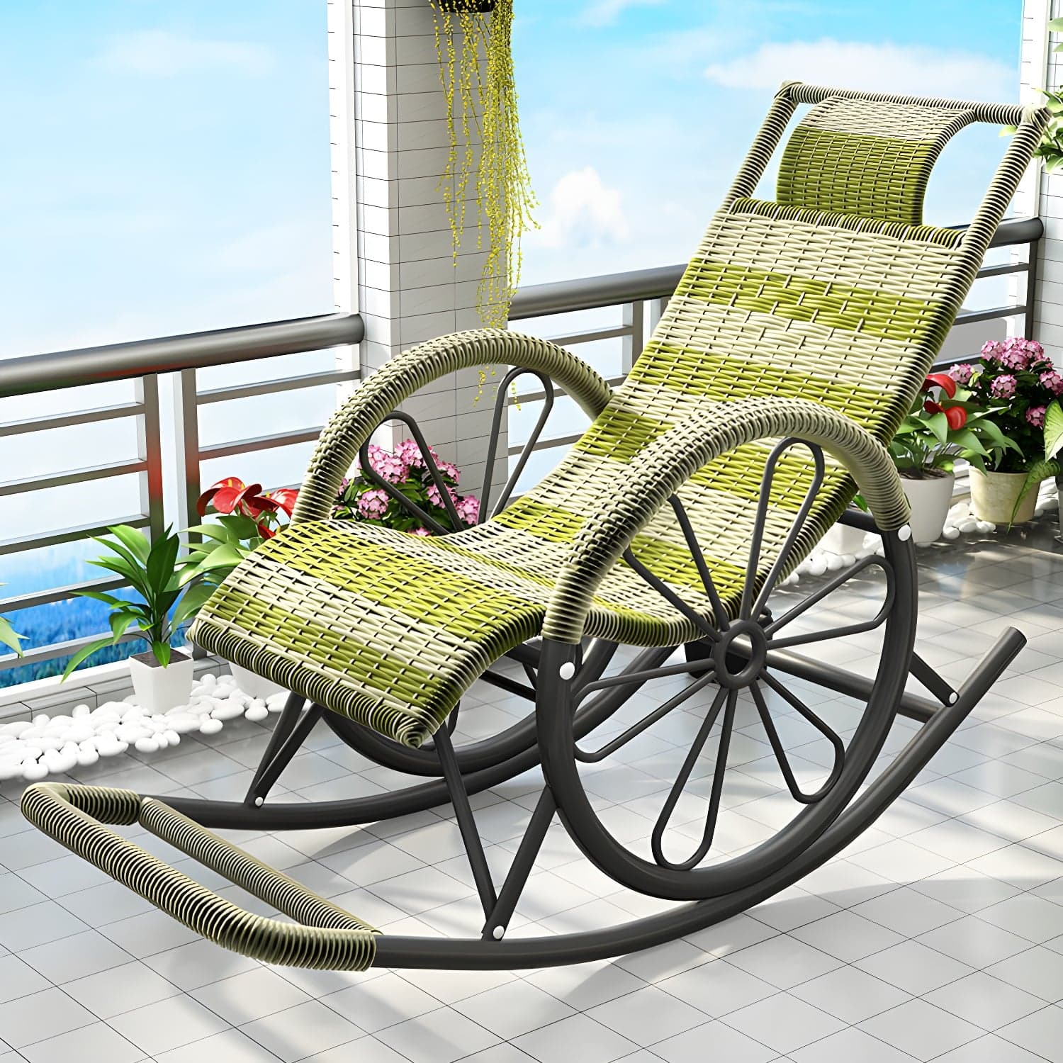 Modern Spindle Rattan Rocking Chair Metal Frame Wheel Handrail Design Rocker Chair thumbnail 7