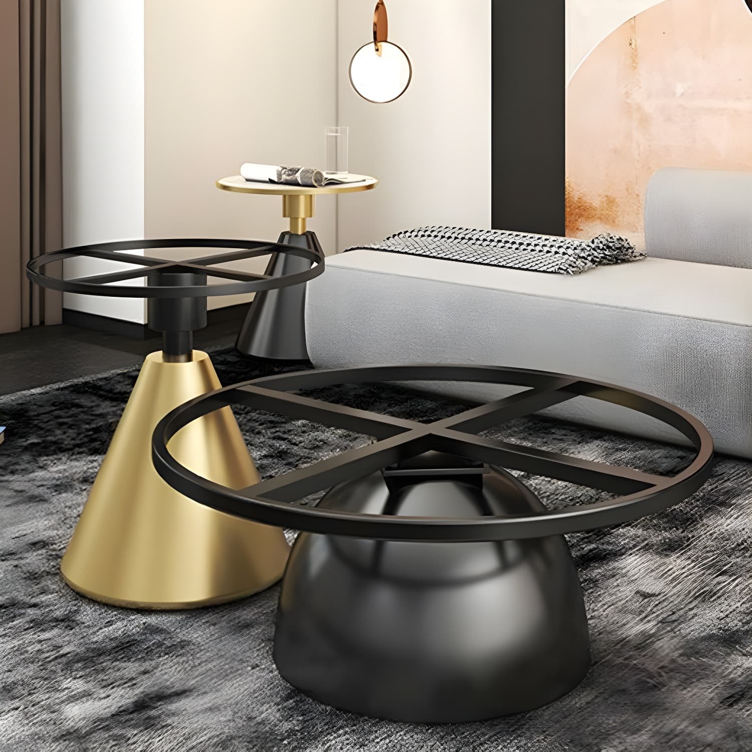 Round Stone Glam Coffee Table with Pedestal Iron Base and Built-in Storage thumbnail 12