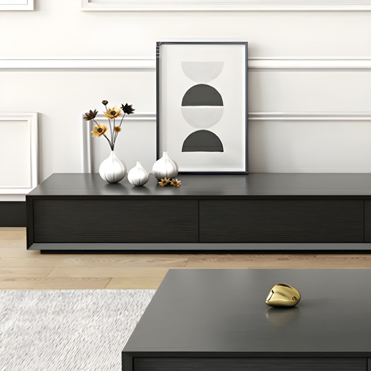 Modern Minimalist Black Finish TV Stand Console with Storage Drawers thumbnail 7