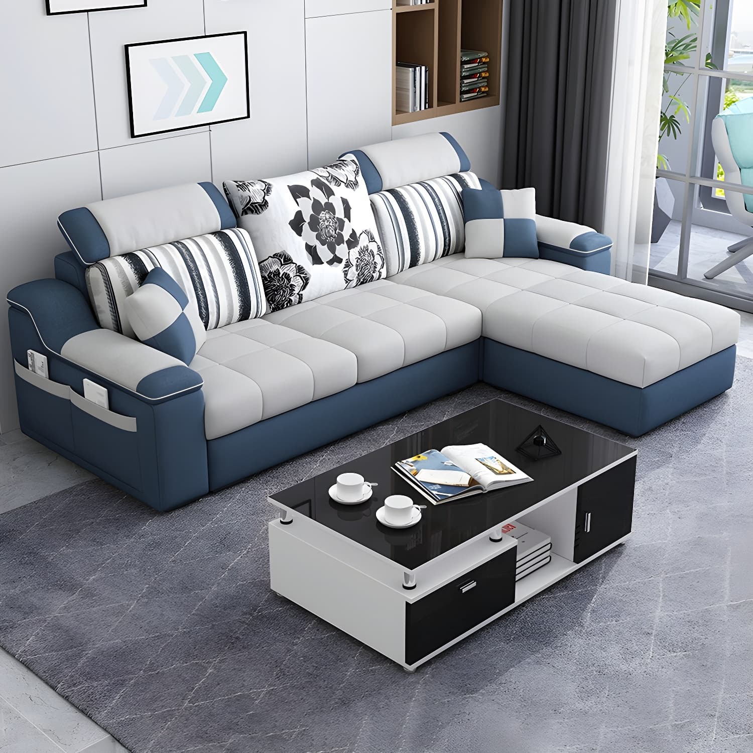 Reversible L-Shape Scandinavian Sectional Sofa with Ottoman and Adjustable Headrest in 2 Piece Set thumbnail 13