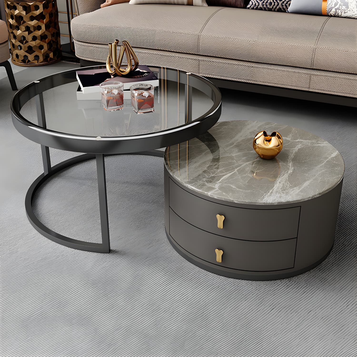 Modern Coffee Cocktail Table Round Nesting Coffee Table Set with Drawer thumbnail 1