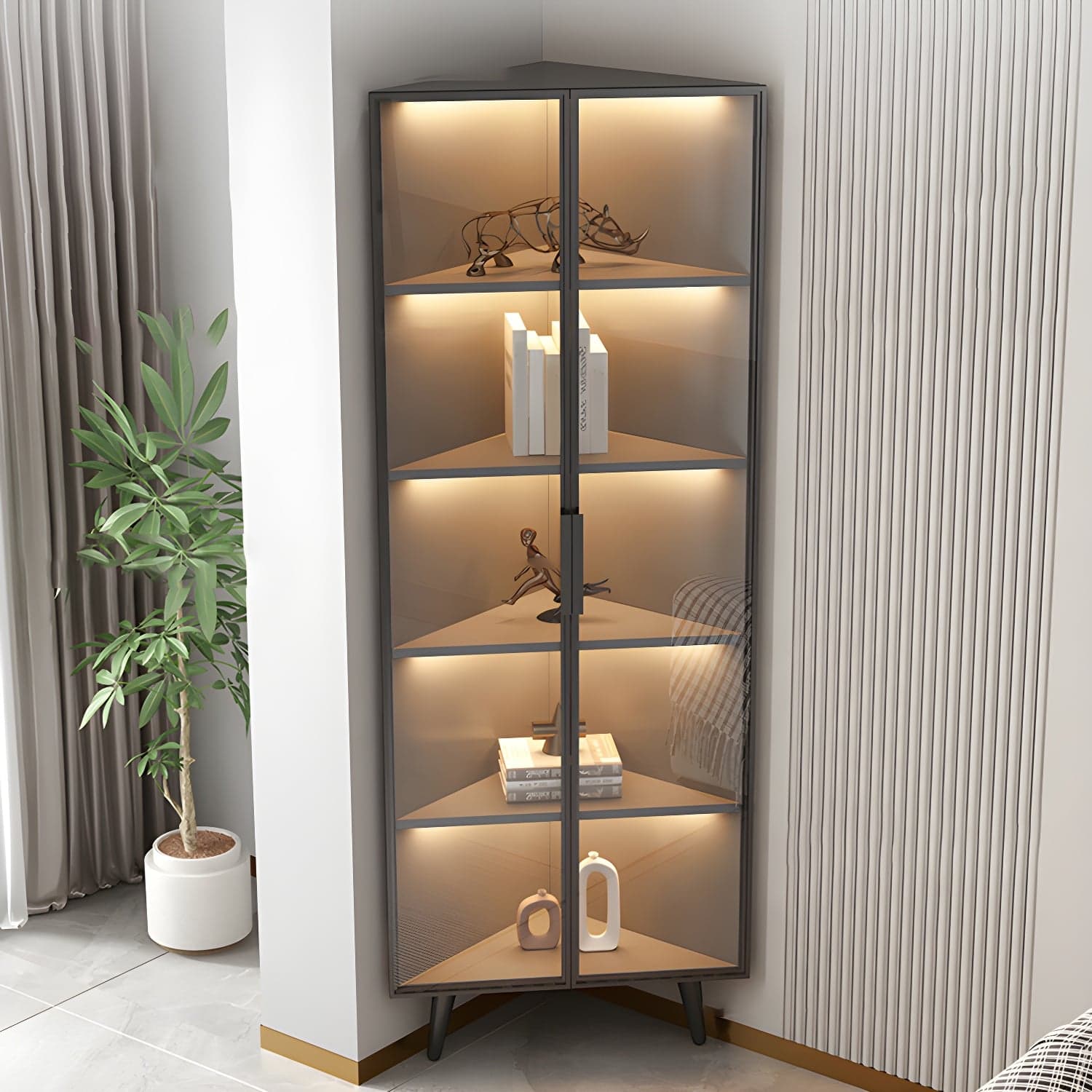 Corner Modern Accent Cabinet with Black Metal Base and Glass Doors, Black Wood Counter Top thumbnail 11