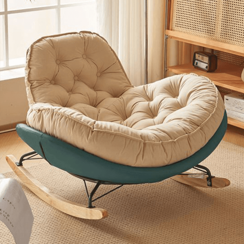 Modish Rocking Couch Chair with Spindle Back, Flannel Upholstery, Padded Design, Rear Support, and Stationary Base thumbnail 9