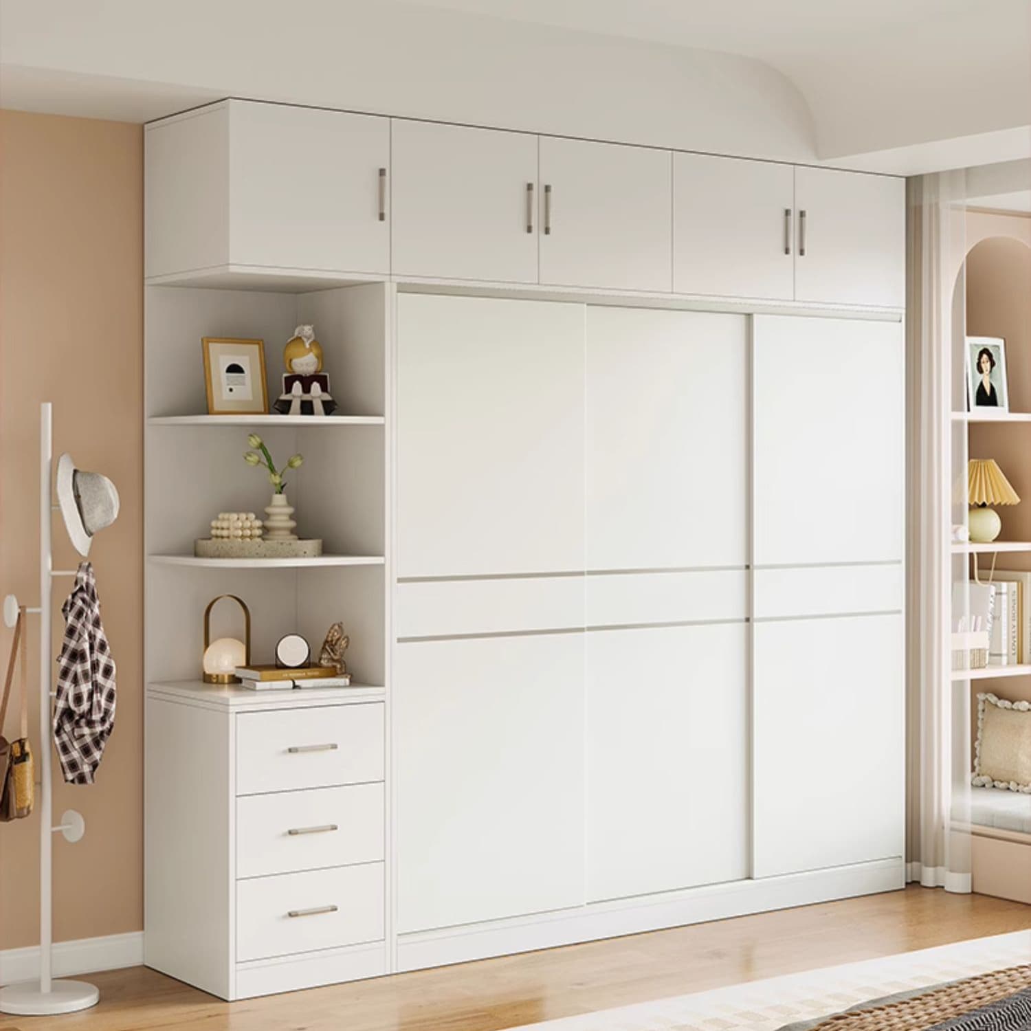Fashionable Sliding Door Storage Wood Wardrobe with Metal Clothing Rod and Shelves in White Color thumbnail 5