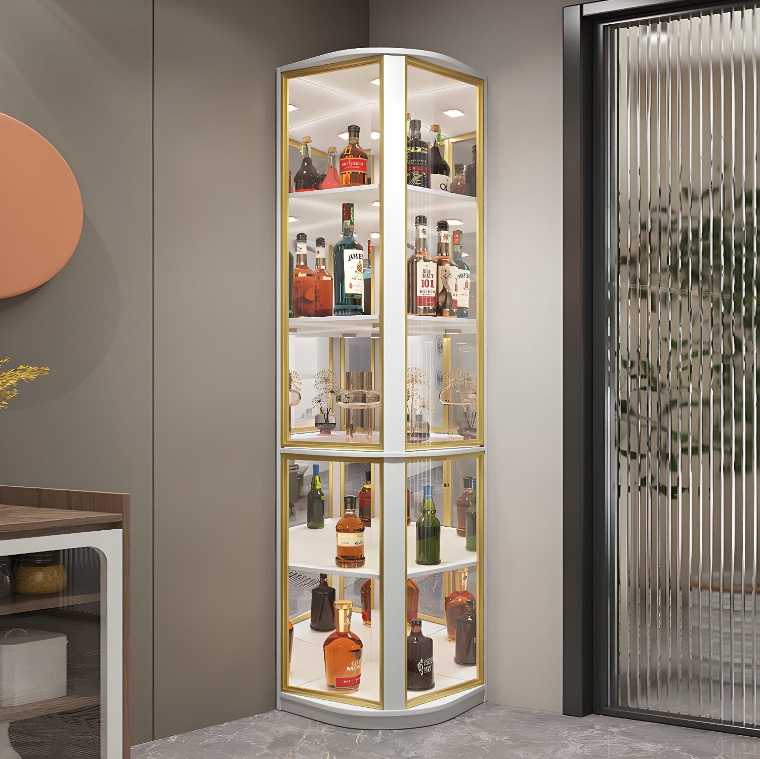Modern Gray Corner Accent Cabinet with Glass Doors and 2 Shelves thumbnail 3