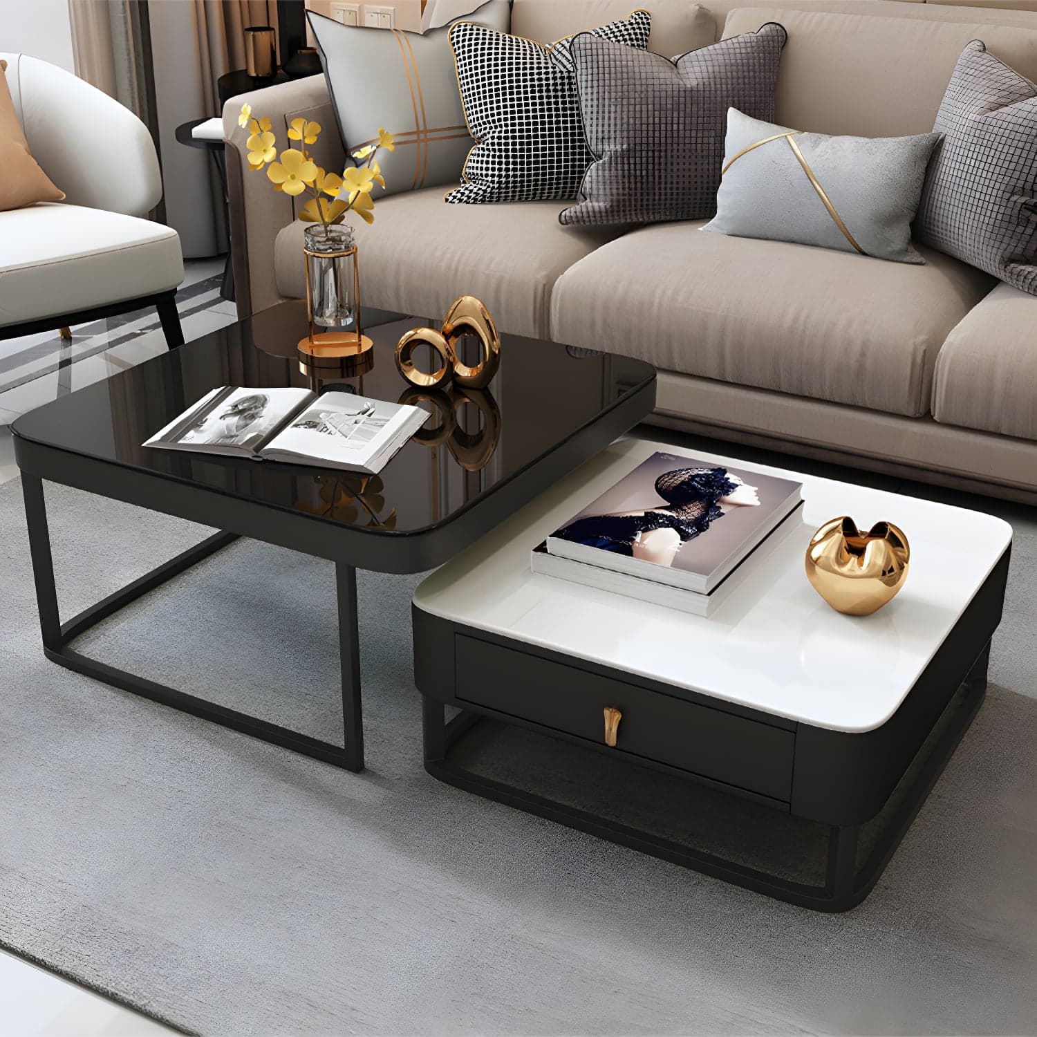 Glam Style Square Coffee Table with Drawer in Metal Frame Base thumbnail 1
