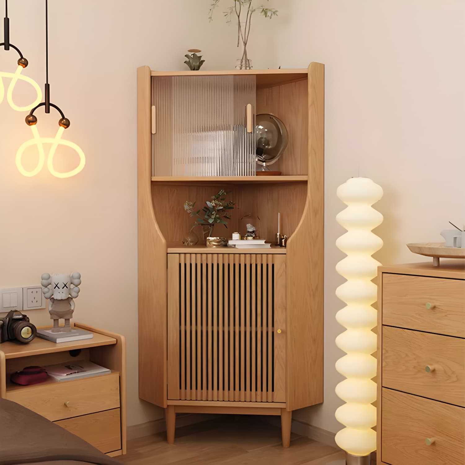 Corner Scandinavian Accent Cabinet with Wood Counter Top and Glass Doors, 2 Exterior Shelves thumbnail 14