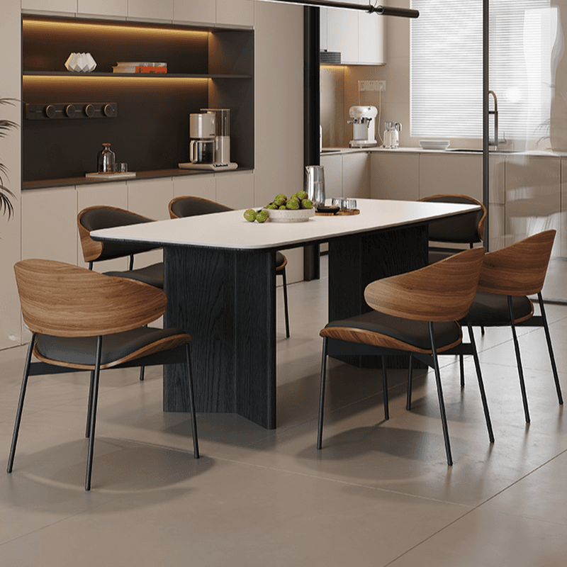 Minimalist Dining Table Set with Two-sided Pedestal, Fixed Table, Padded Chair with Back, and White Table Top thumbnail 2