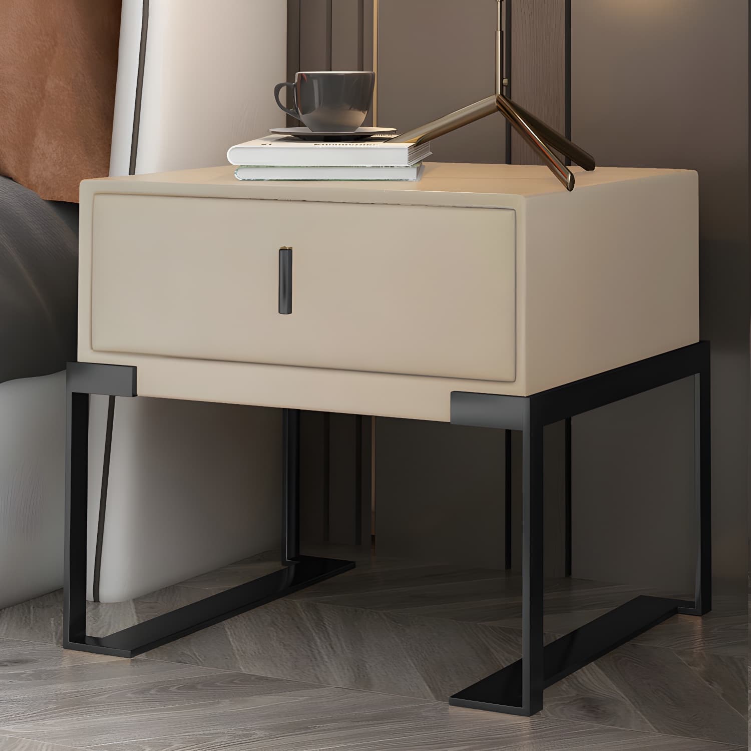 Faux Leather Nightstand 1-Drawer 21 Inch Tall Modern Legs Included Night Table thumbnail 12
